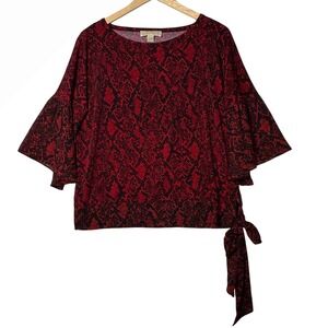Michael Kors Red Snakeskin Ruffle Sleeve Tie Hem Blouse Womens‎ Large Flowy